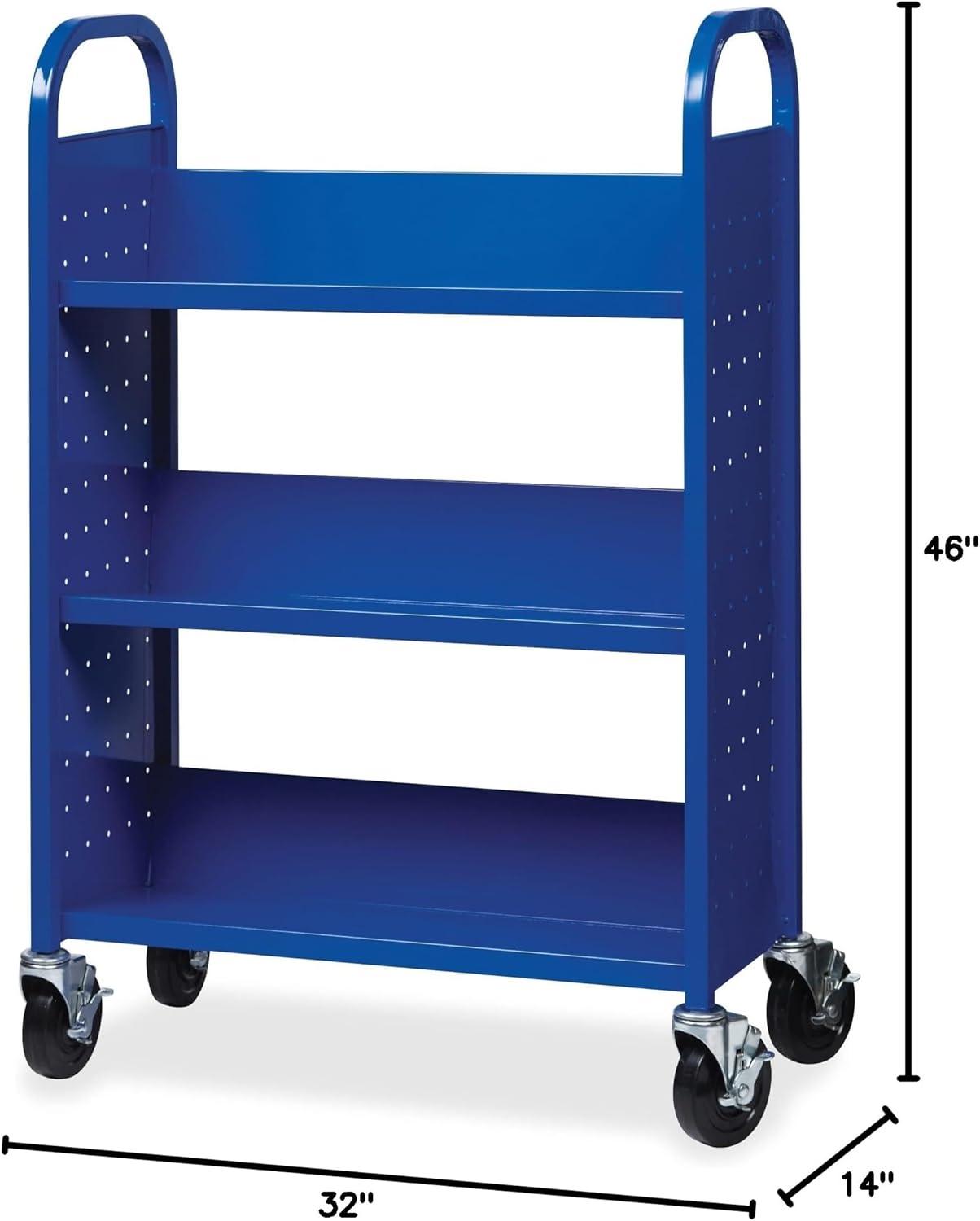 Blue Single-Sided Steel Book Cart with Three Shelves