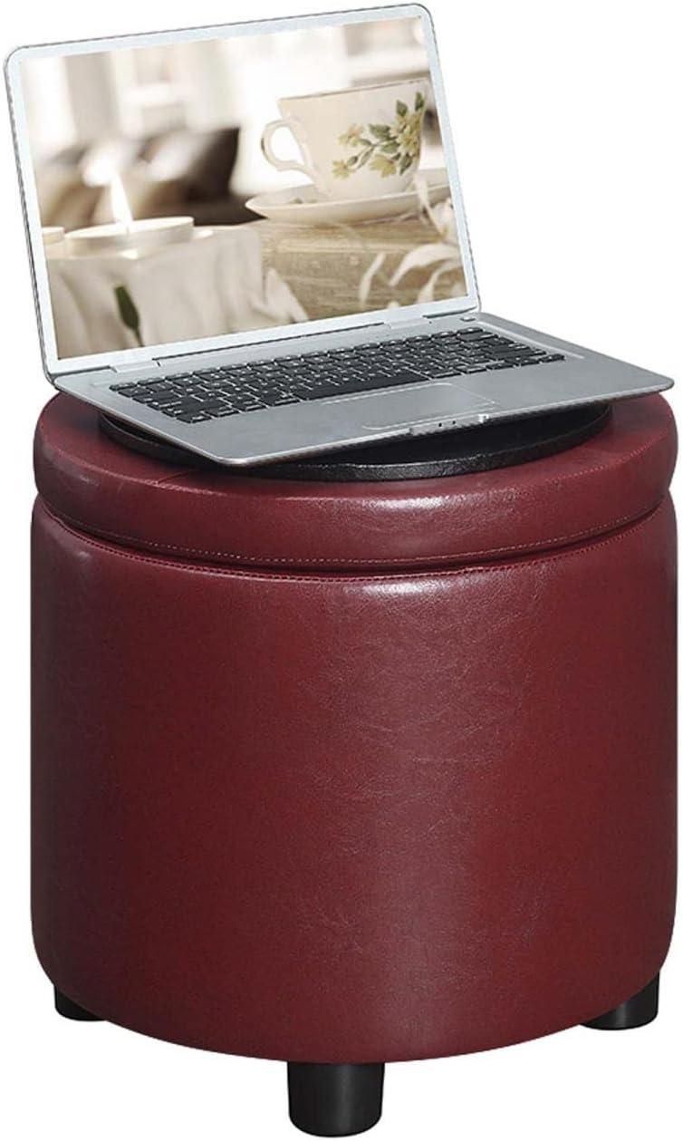 Designs4Comfort Round Accent Storage Ottoman with Reversible Tray Lid, Burgundy Faux Leather