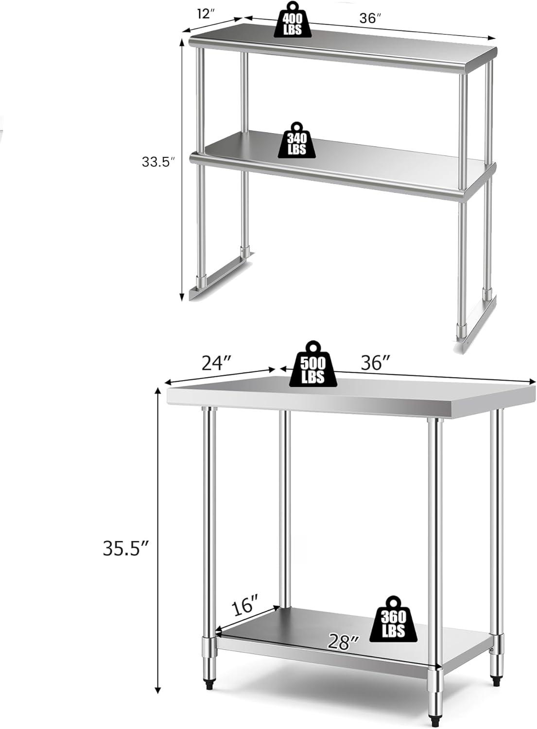 Costway Stainless Steel Table with Overshelves 36'' X 24'' Work Table with 36'' X 12'' Shelf