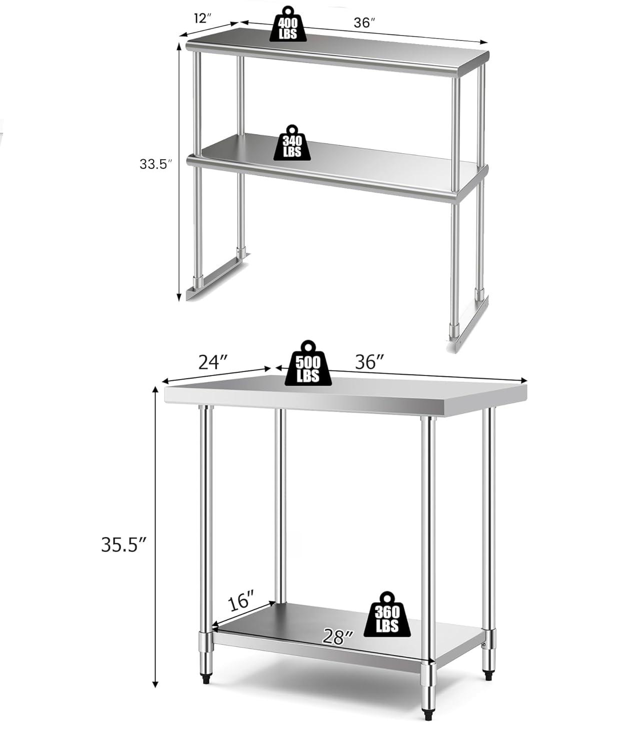 Costway Stainless Steel Table with Overshelves 36'' X 24'' Work Table with 36'' X 12'' Shelf