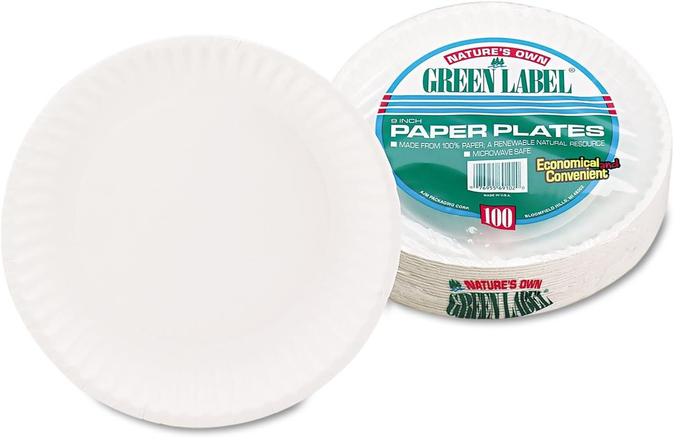 AJM Packaging Corporation White Paper Plates, 9" Diameter, 100 Count