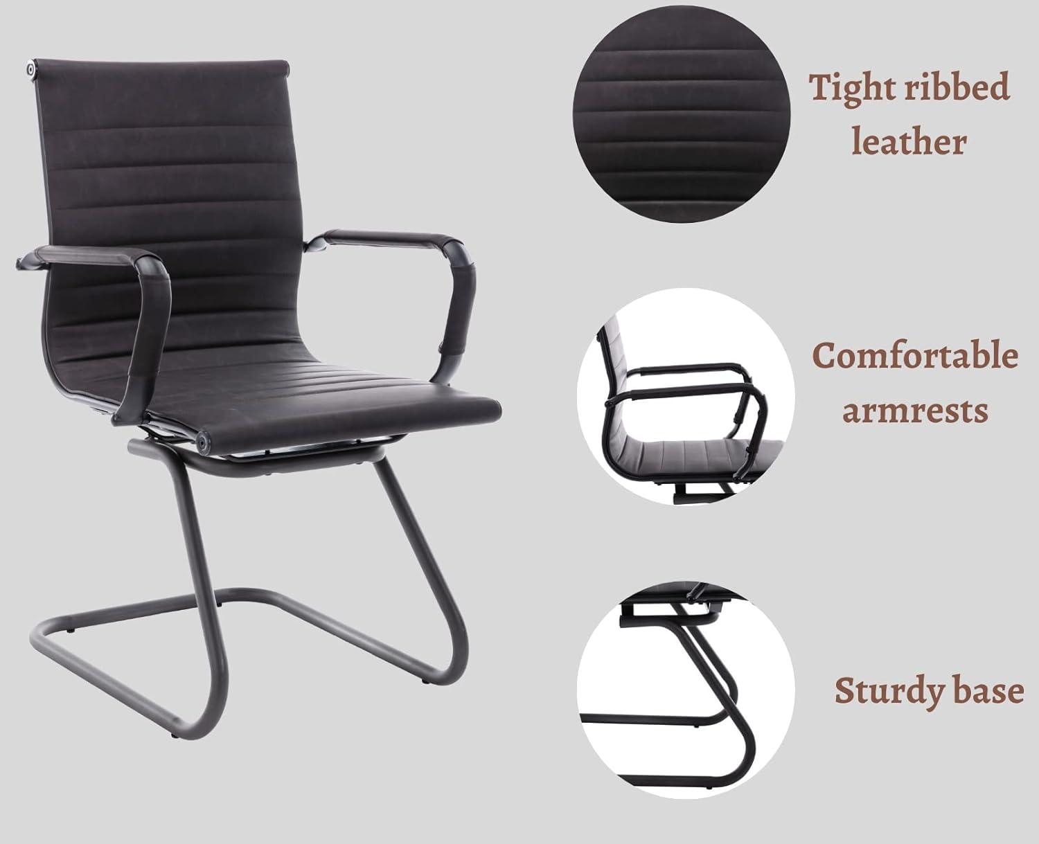 CIMOTA Waiting Room Chairs Leather Office Guest Chair Mid Back Reception Chairs with Sled Base for Meeting/Patient/Conference Room, Retro Black Set of 2
