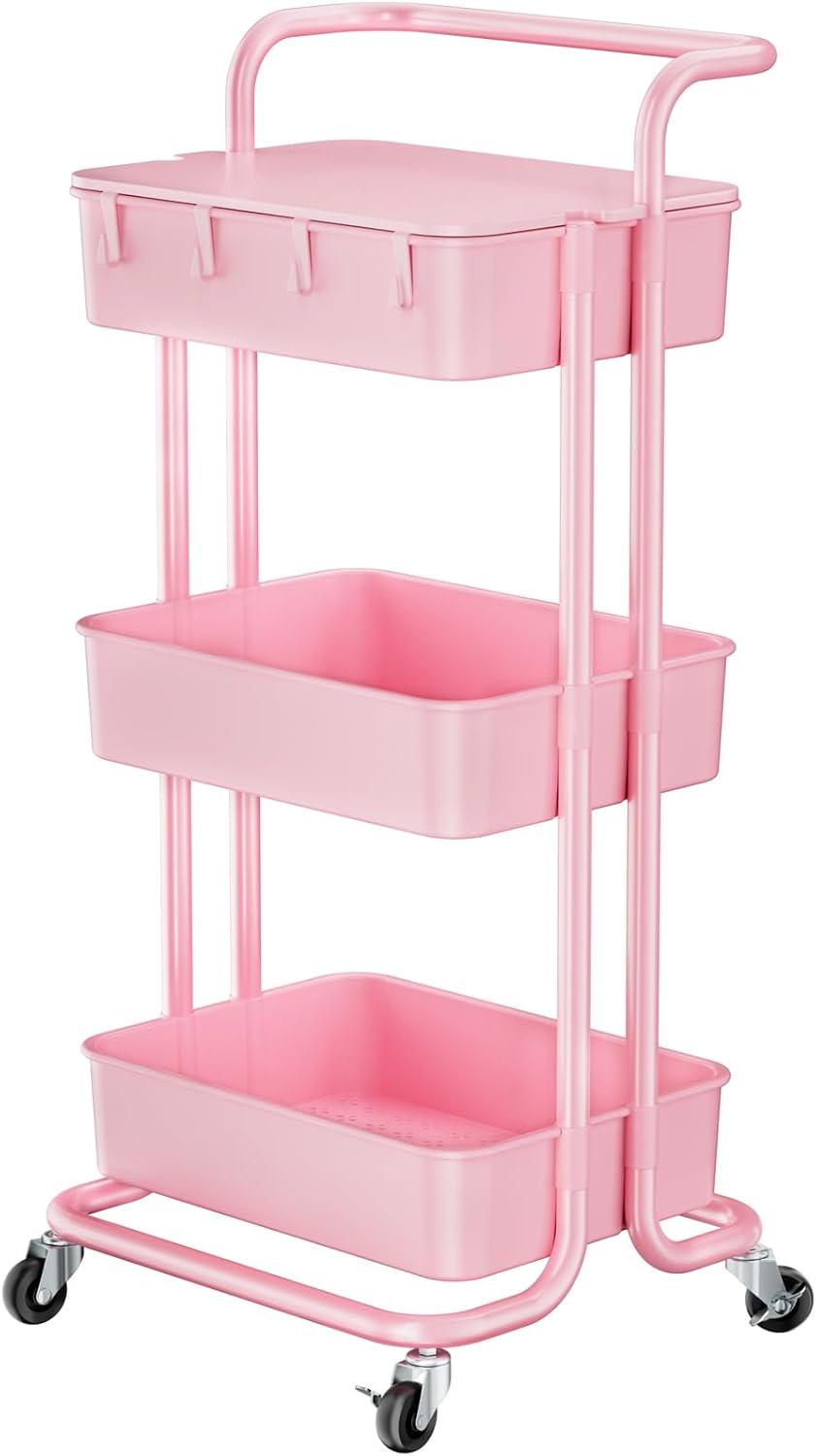 Rolling Storage Cart with Drawer & Table Top, 3 Tier Metal Rolling Utility Cart, Rolling Cart Organizer for Teacher Craft Baby Nursery, Utility Cart for Kitchen Bathroom Bedside Office, Pink