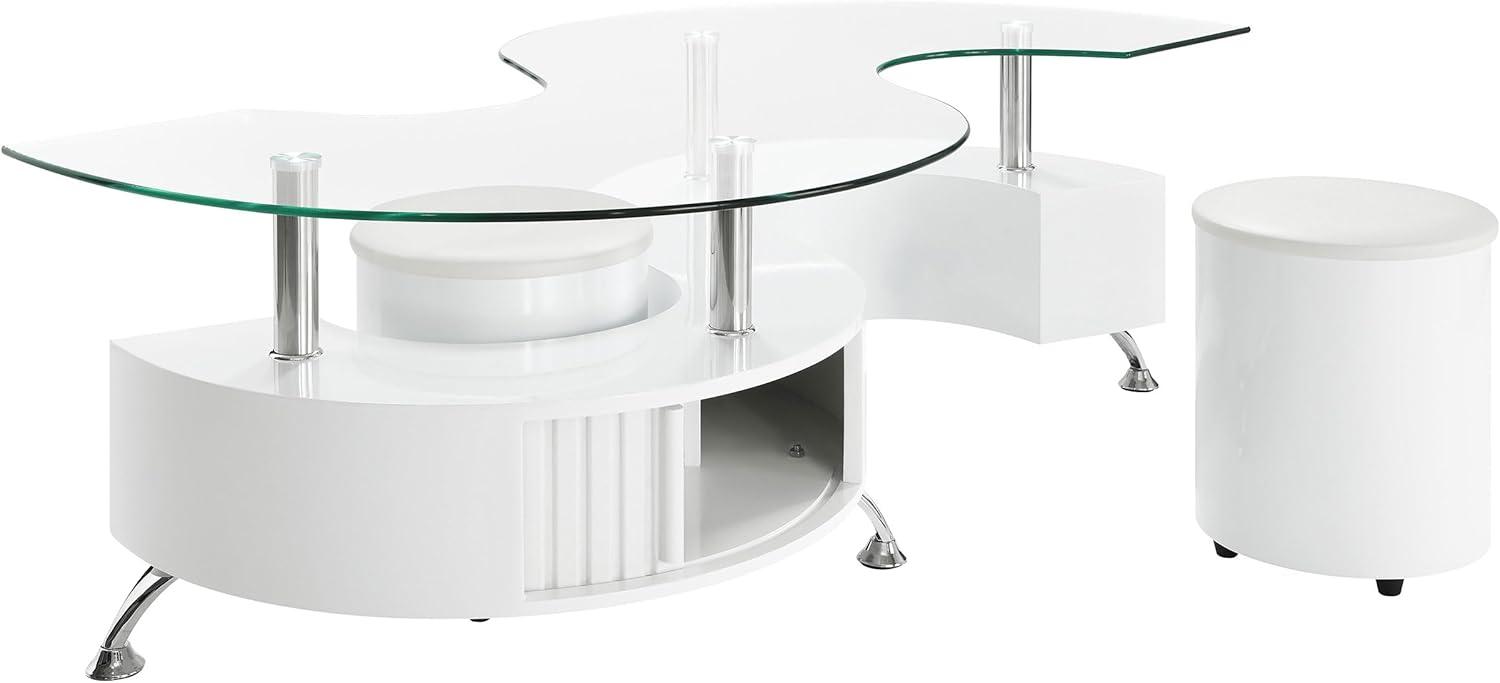 Coaster Buckley Wood Curved Glass Top Coffee Table With Stools in White