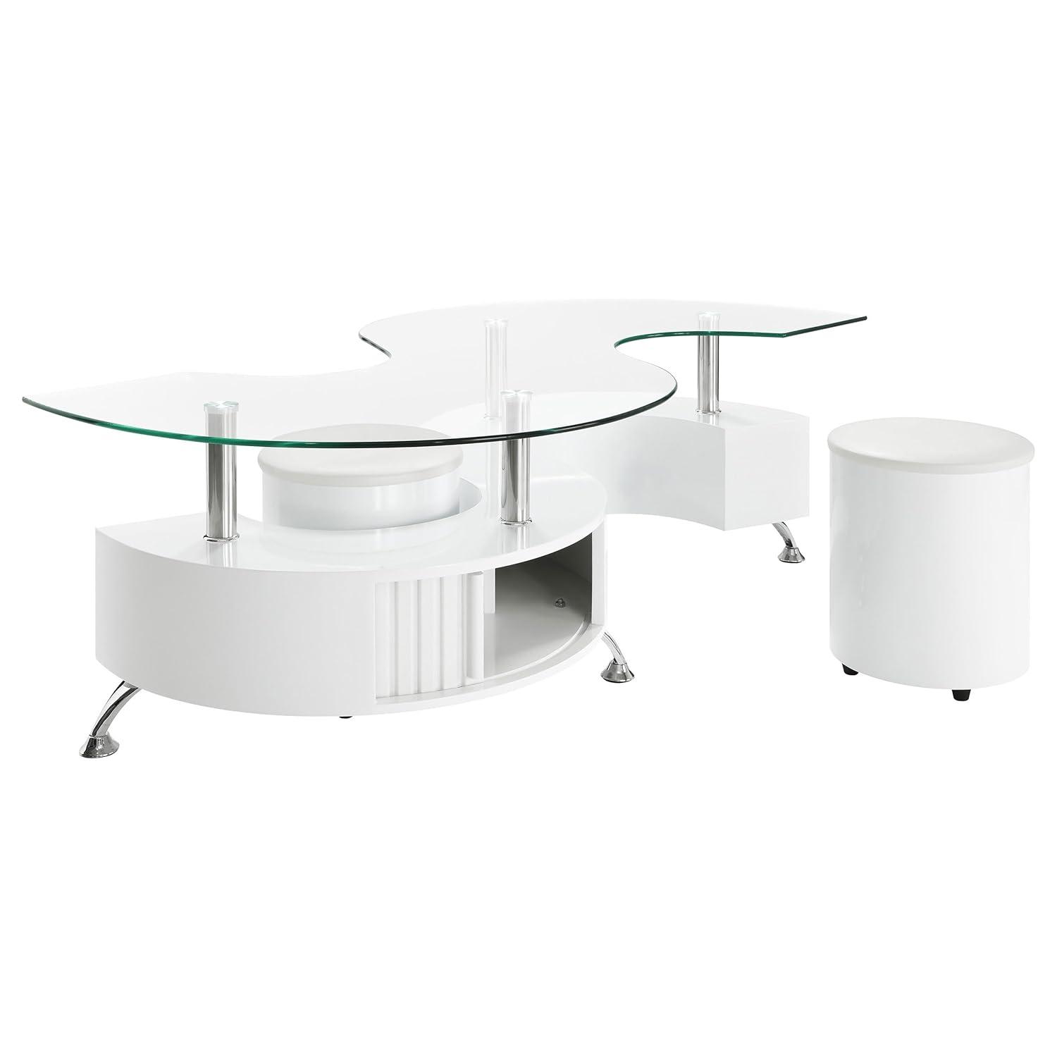 Coaster Buckley Wood Curved Glass Top Coffee Table With Stools in White