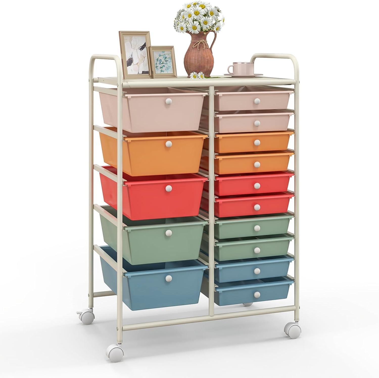 Multicolor 15-Drawer Rolling Storage Cart with Metal Frame