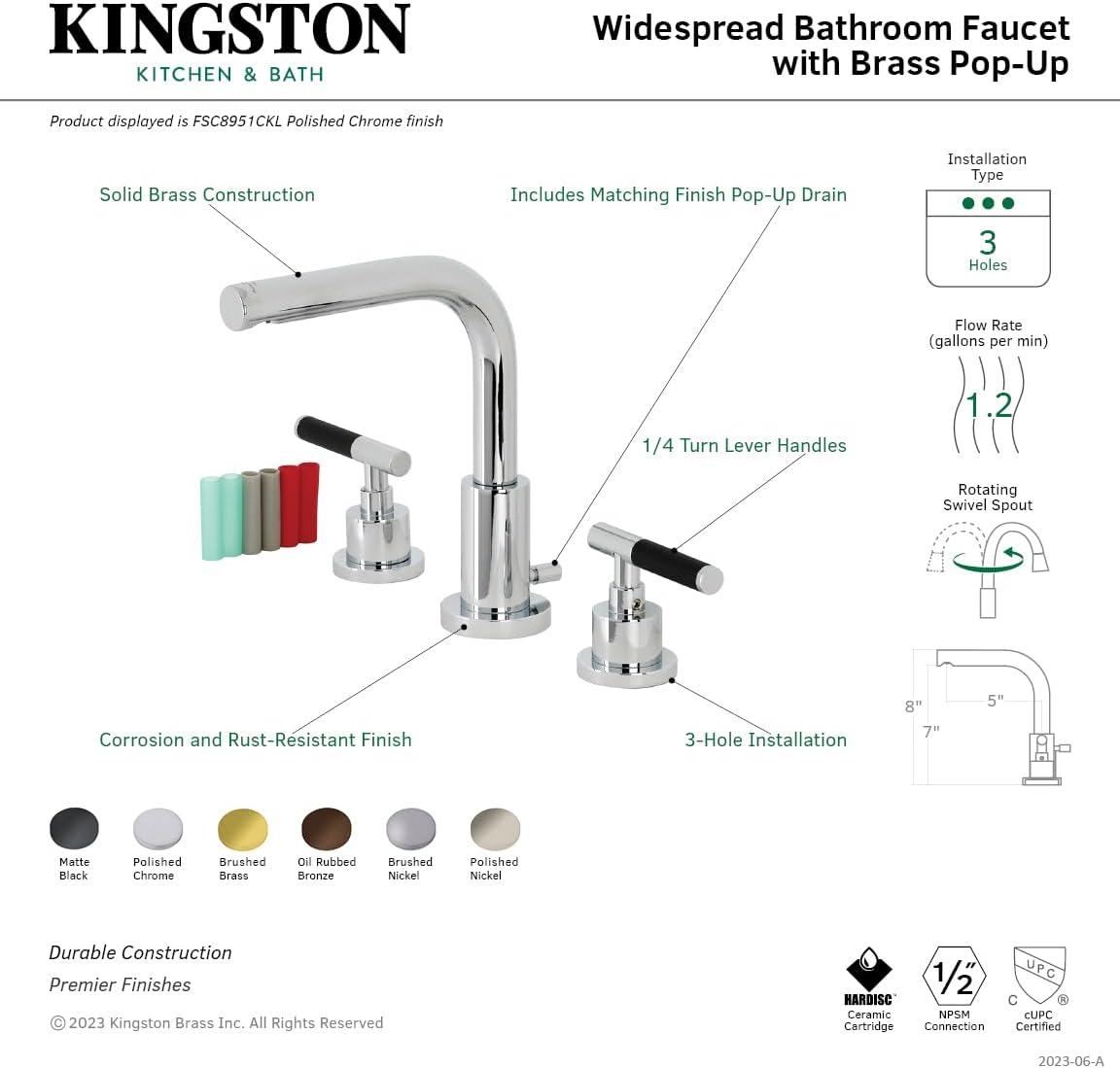 Kingston Brass Kaiser Two-Handle 3-Hole Deck Mount Widespread Bathroom Faucet with Brass Pop-Up Drain