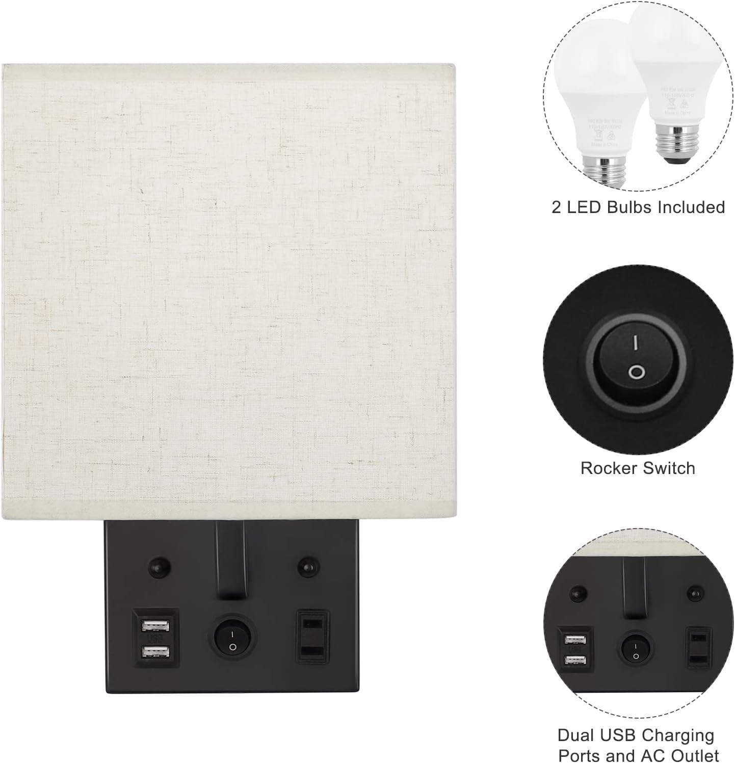 Black Linen Fabric Wall Sconce with USB and Outlet