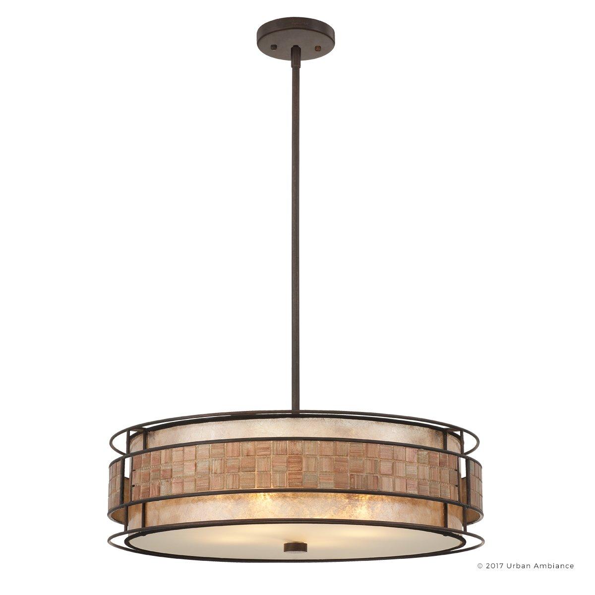 Urban Ambiance Luxury Art Deco Chandelier, Medium Size: 5.5"H x 22"W, with Moroccan Style Elements, Copper Revival Finish and Oyster Mica Inner Shade, Mosaic Tile Outer Shade, UQL2430