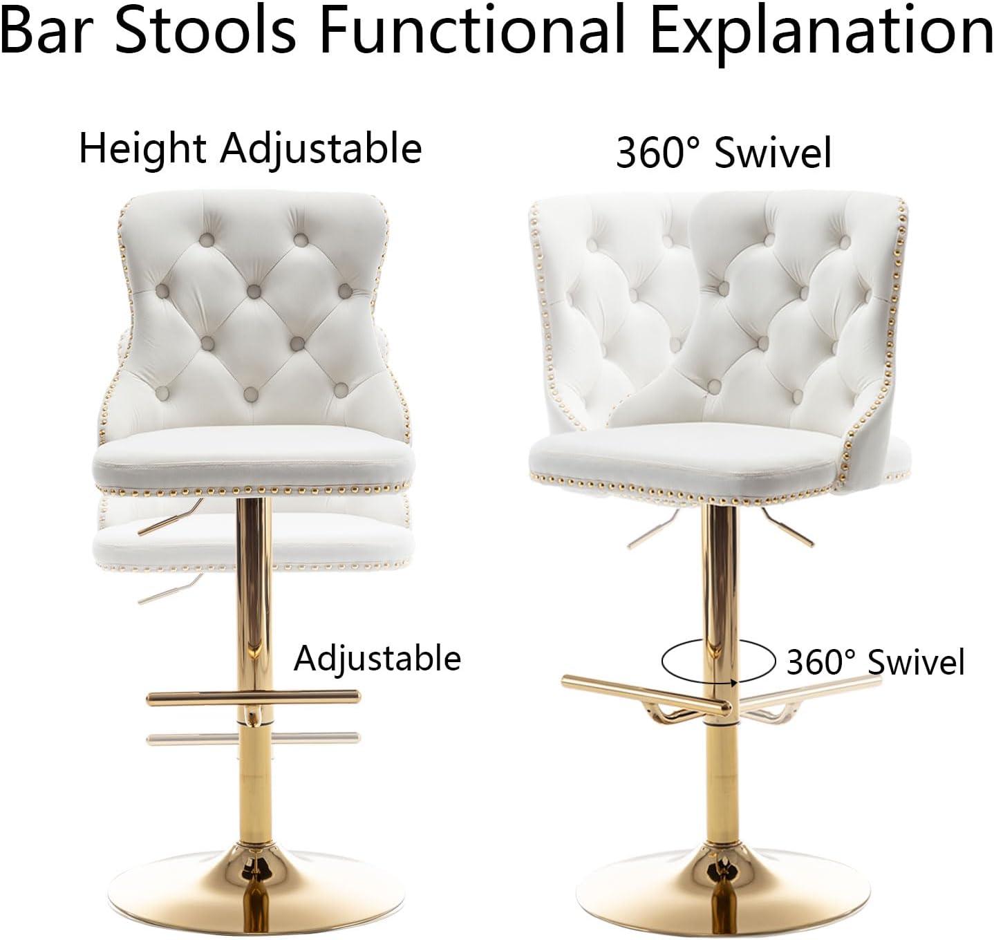 Beige Velvet Adjustable Swivel Bar Stools with Gold Base, Set of 2