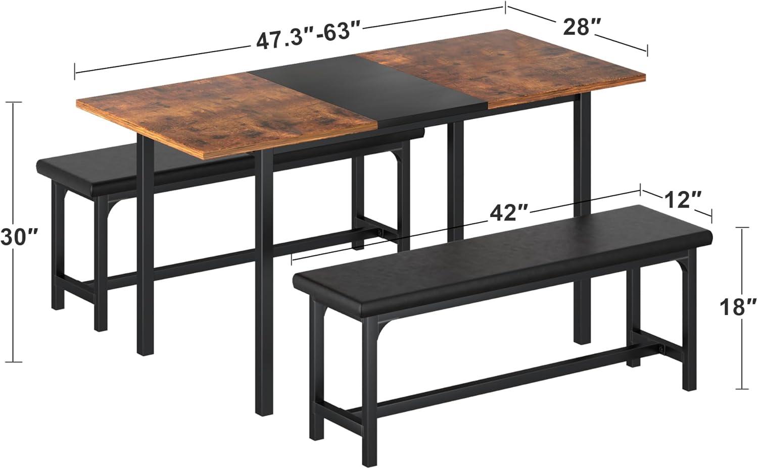 VECELO 63" Extendable Dining Table Set for 4-6, Modern 3-Piece Kitchen Table Set with 2 Upholstered Benches, Kitchen Table Set with Metal Frame & Wooden Board, Brown