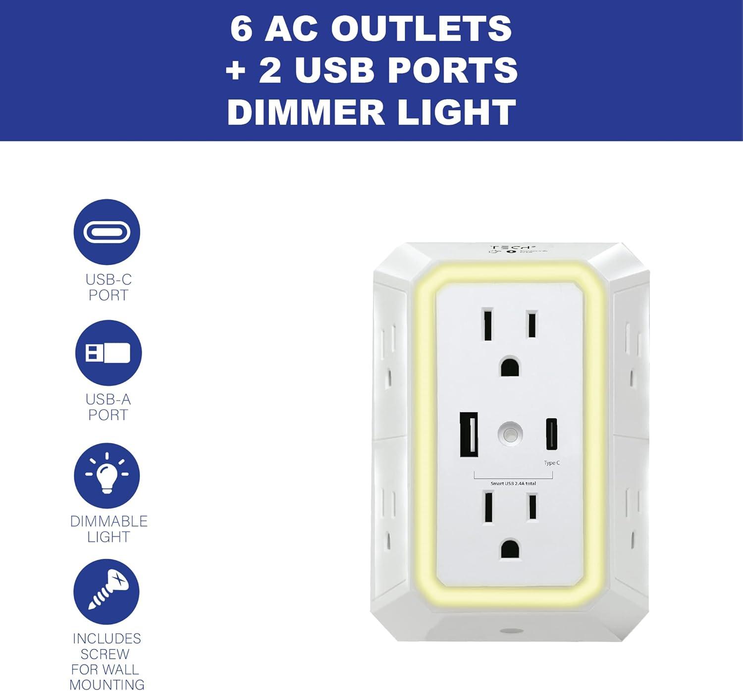 ONDOG 3 Sided Outlet Extender 6 Outlets with 2 USB Ports, Multi Plug Outlet Splitter for Home, Office