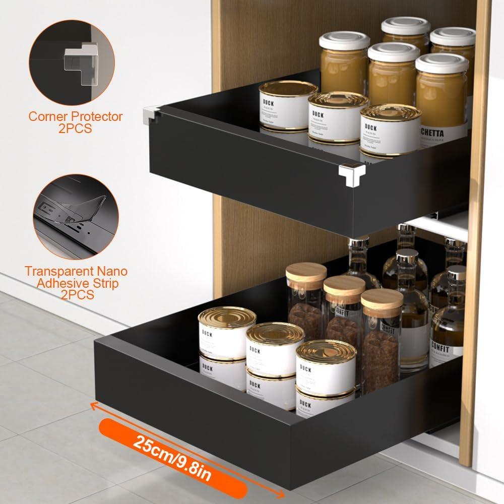Pull Out Cabinet Organizer, Carbon Steel Cabinet Drawers Slide Out, Pantry Storage Shelves with Nano Adhesive Strip for Kitchen, Bathroom and Living Room 10.3" W X 17.0" D X 2.8H Grey