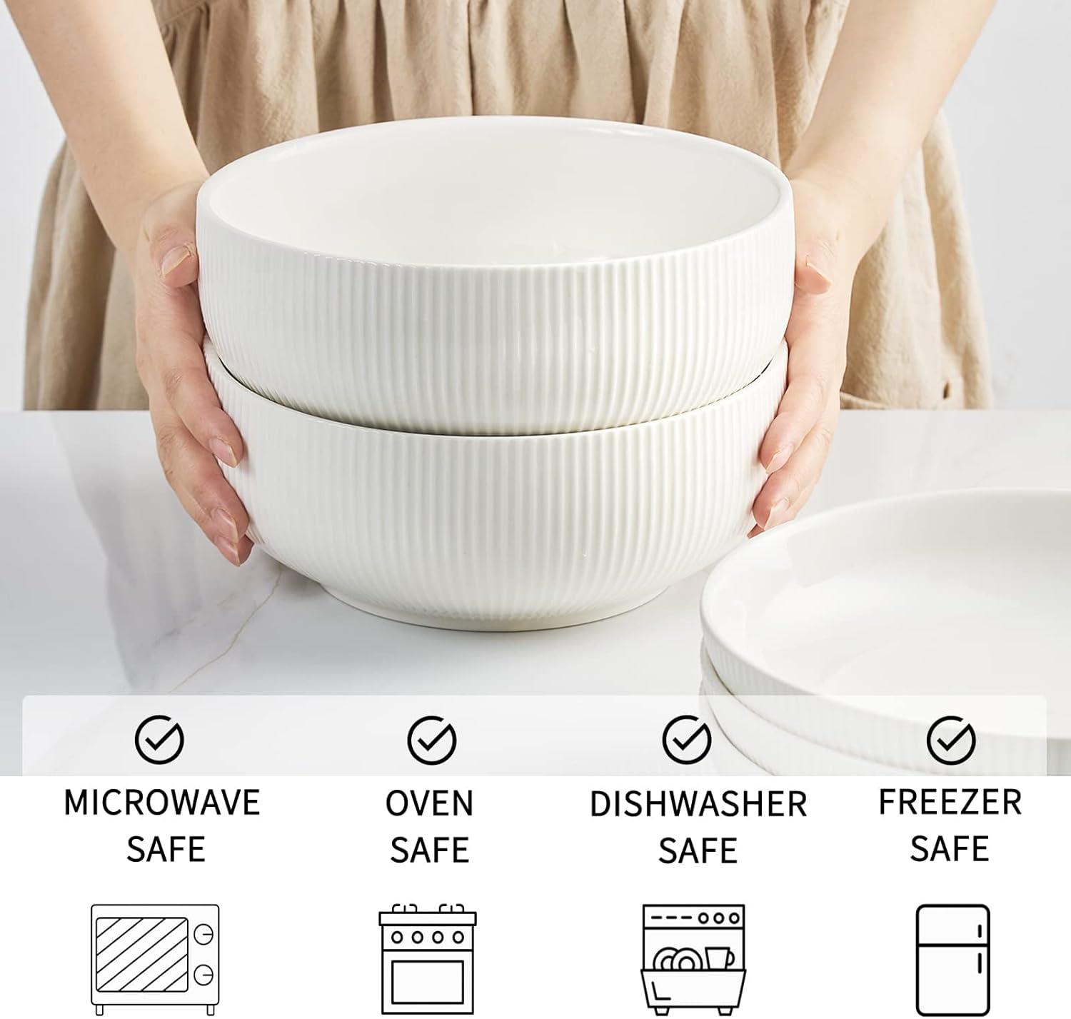 White Ribbed Ceramic 8-Inch Microwave Safe Serving Bowls, Set of 2