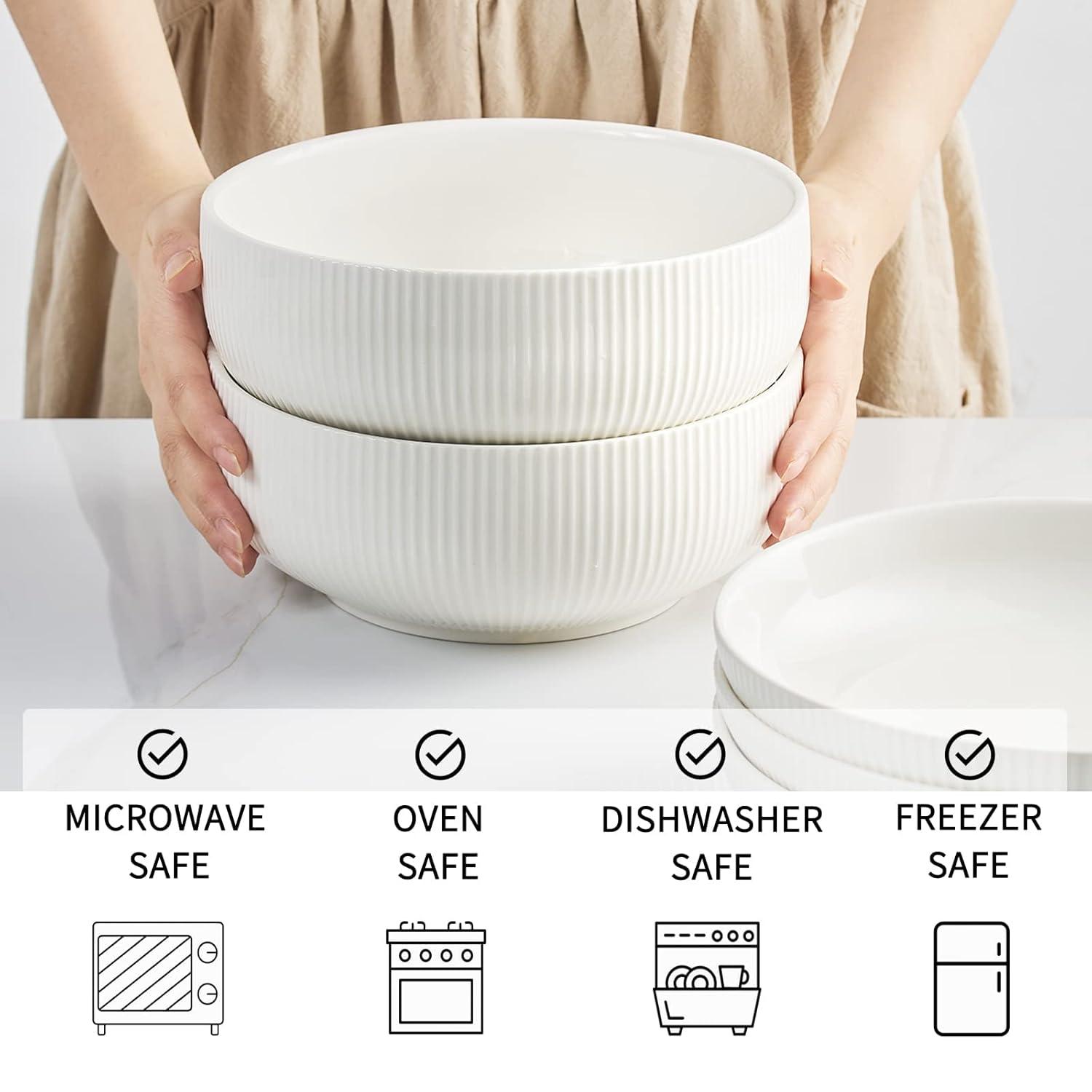 getstar Salad Bowl, 8 inch 60 oz Large Serving 2 Packs Ceramic Bowl Set, Microwave & Freezer Safe, Bowl Set of 2 For Fruit Soup Pasta Popcorn (White)