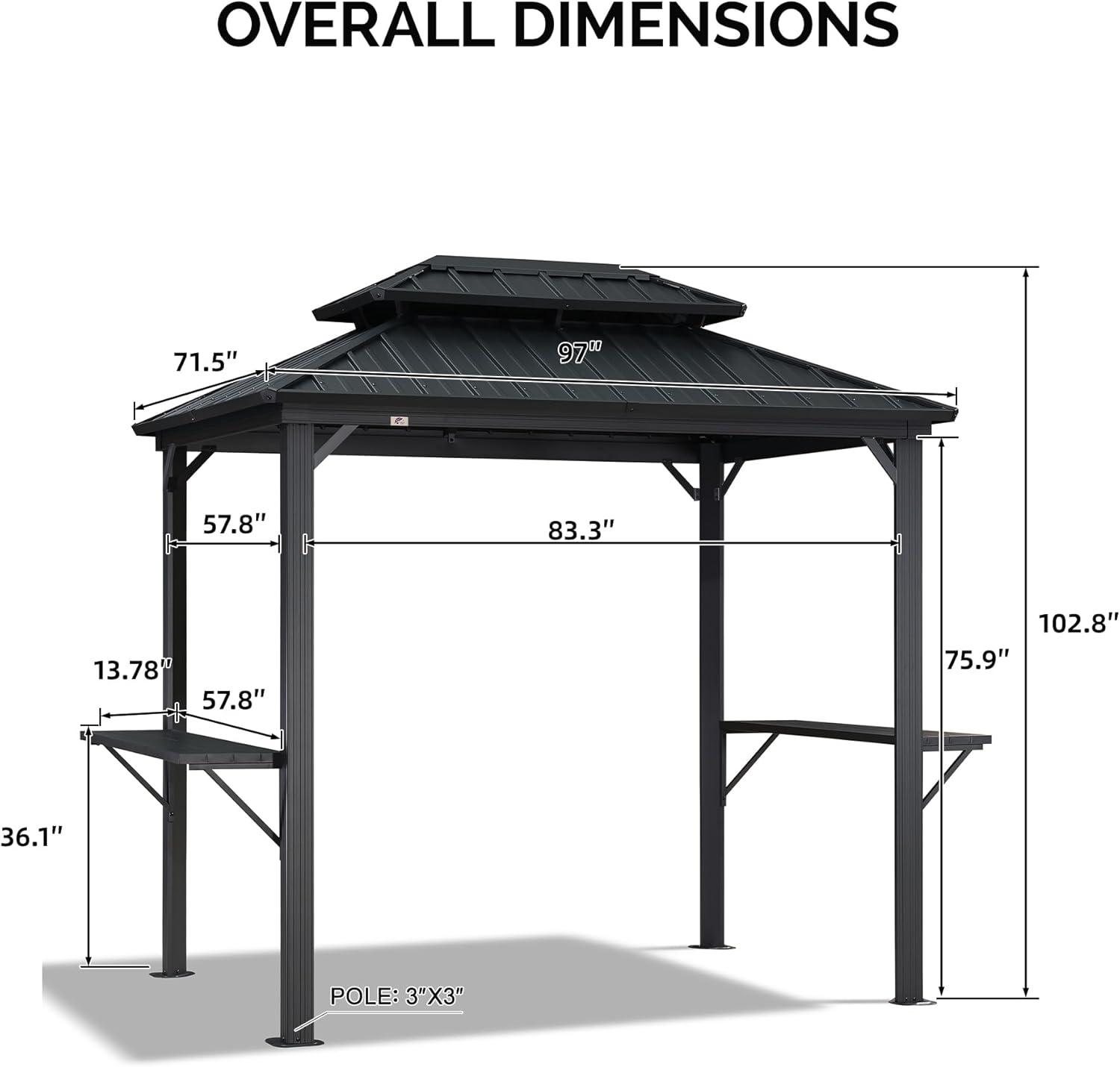 Gray 6' x 8' Hardtop Grill Gazebo with Double Steel Roof