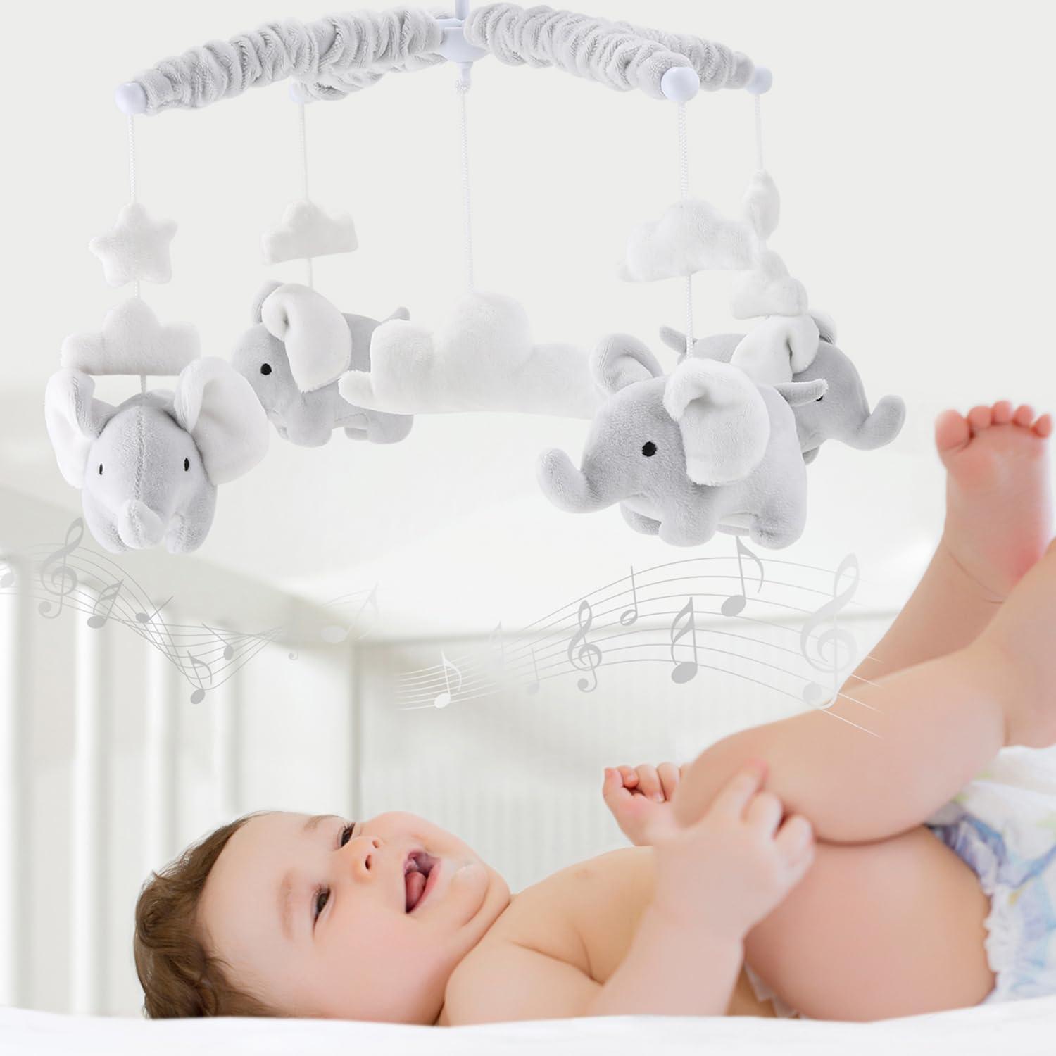 Grey Digital Musical Mobile With Elephants, Clouds and Stars by The Peanutshell