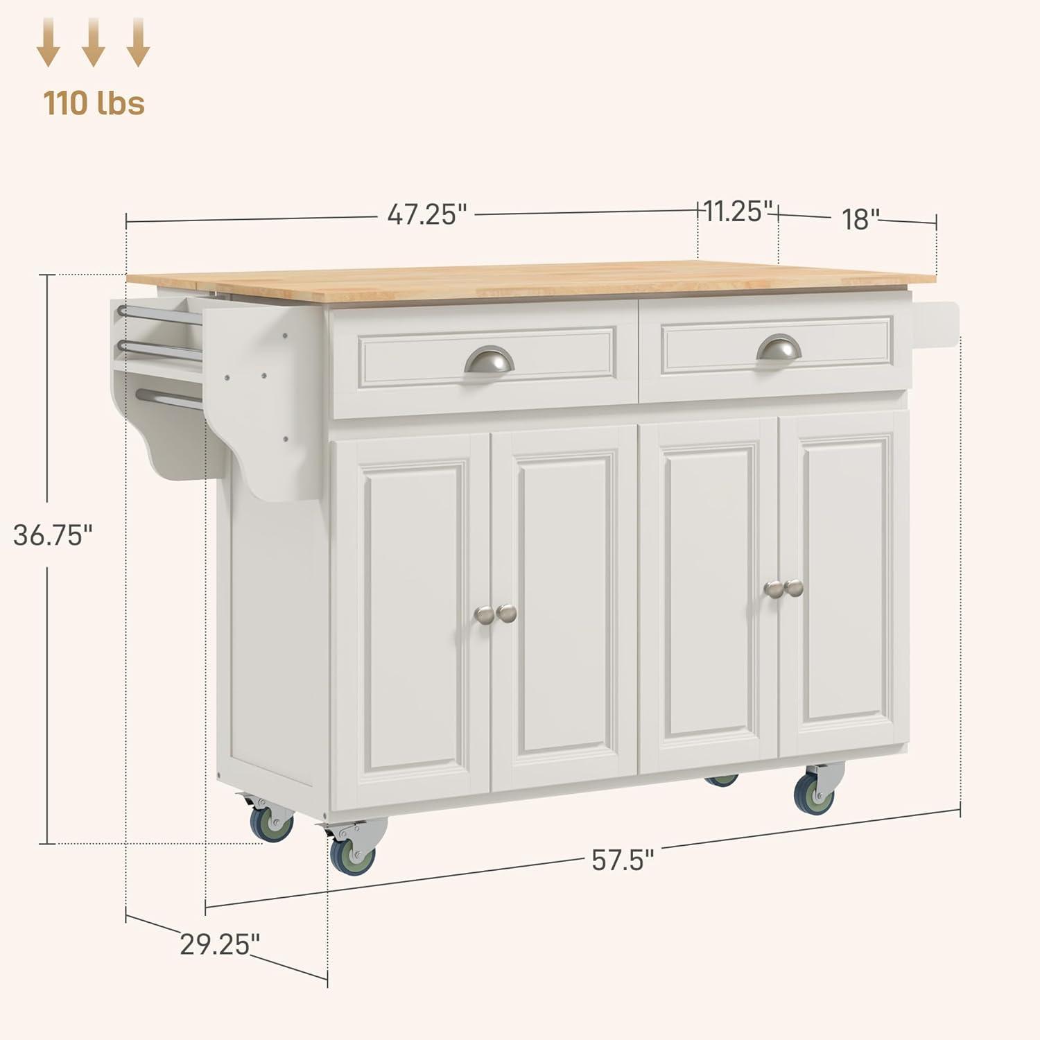 HOMCOM Rolling Kitchen Island Drop Leaf, Kitchen Cart on Wheels, Solid Wood Top Breakfast Nook with Storage Drawer, Cabinet,Spice Rack, Cream White