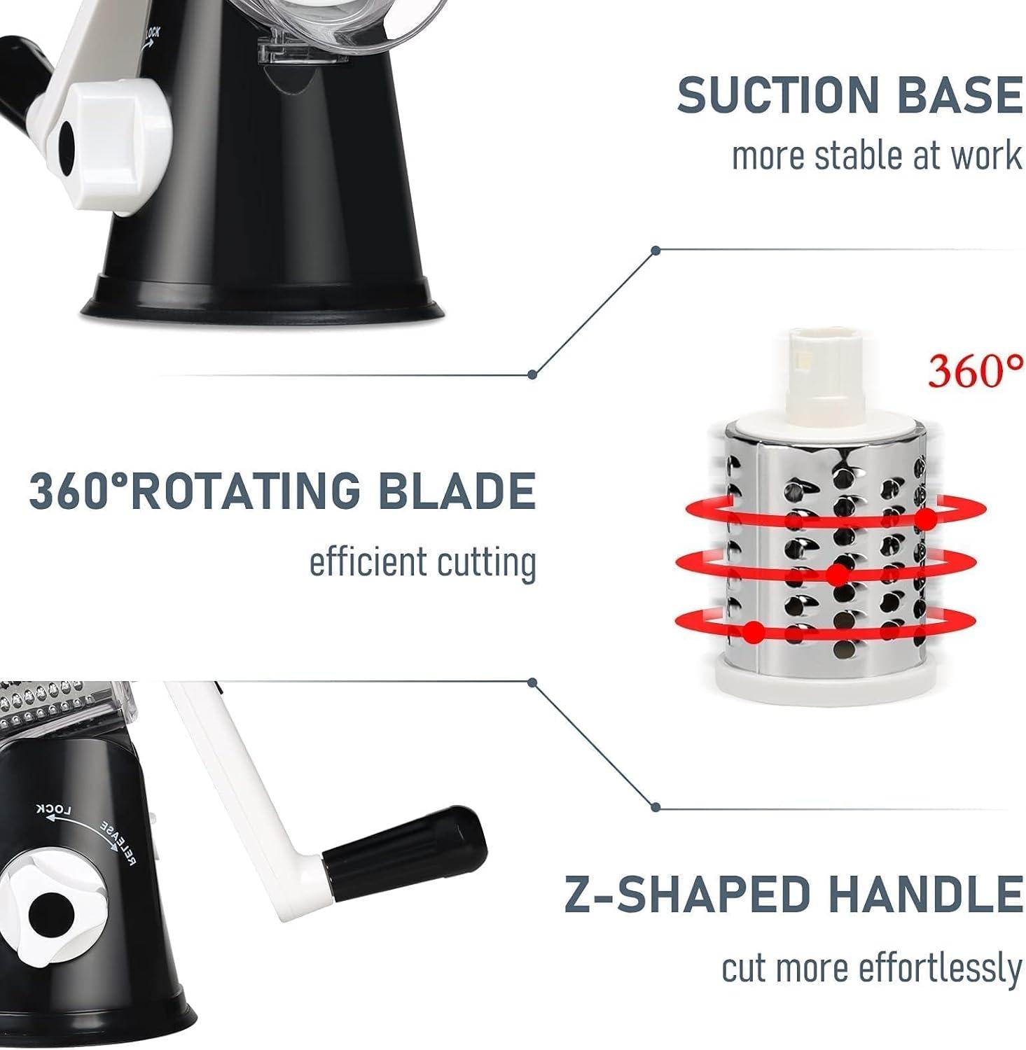 KEOUKE Rotary Cheese Grater with Handle - 3 Changeable Blades for Cheese, Vegetables, Nuts - Black