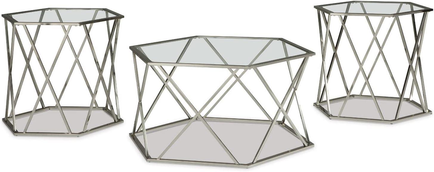 Madanere Hexagonal Chrome and Glass 3-Piece Table Set