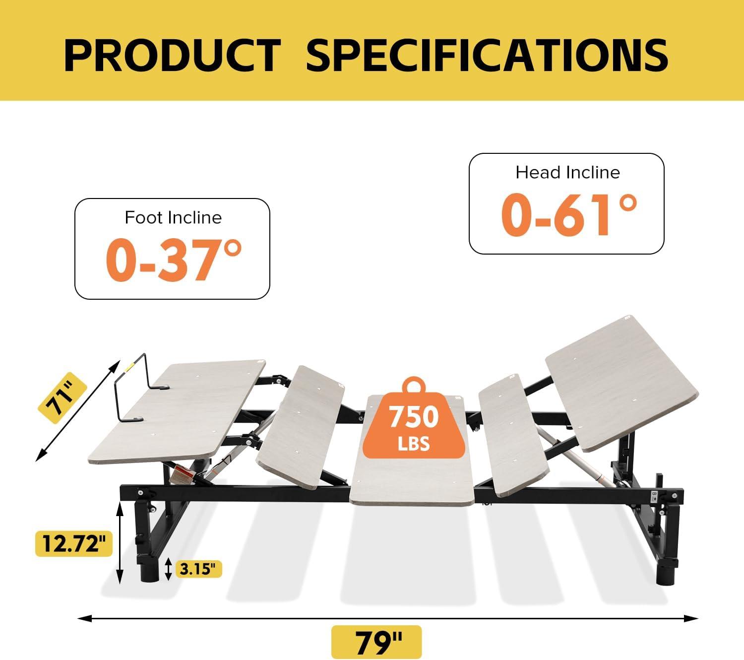 King Size Adjustable Metal Frame Bed Base with Wireless Remote