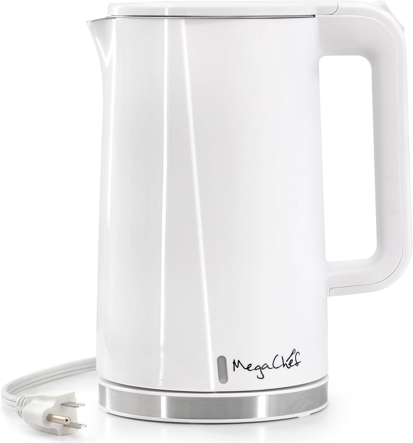 MegaChef 1.7L Double Wall Stainless Steel Electric Tea Kettle White: 90-Day Warranty, 1000W, Hand Wash, Plastic Handle