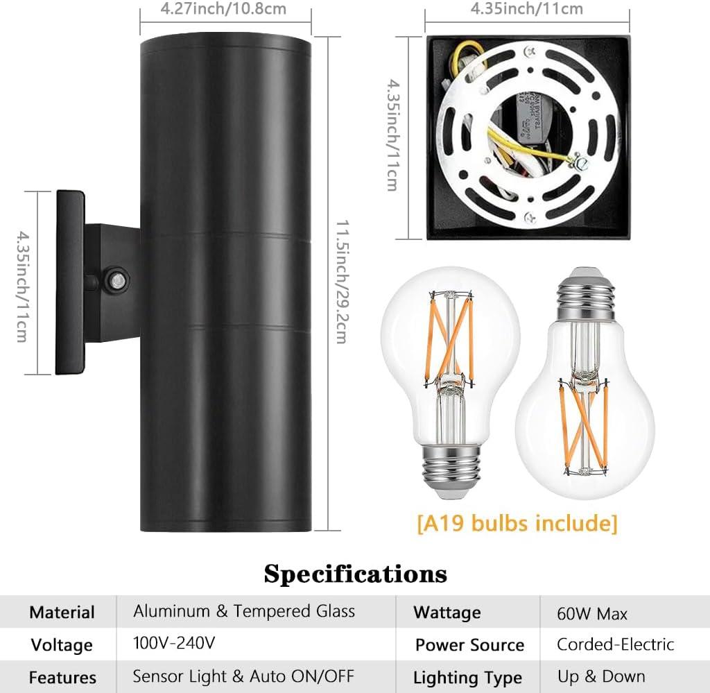 Black Cylinder Up and Down Outdoor Wall Light with Dusk to Dawn Sensor