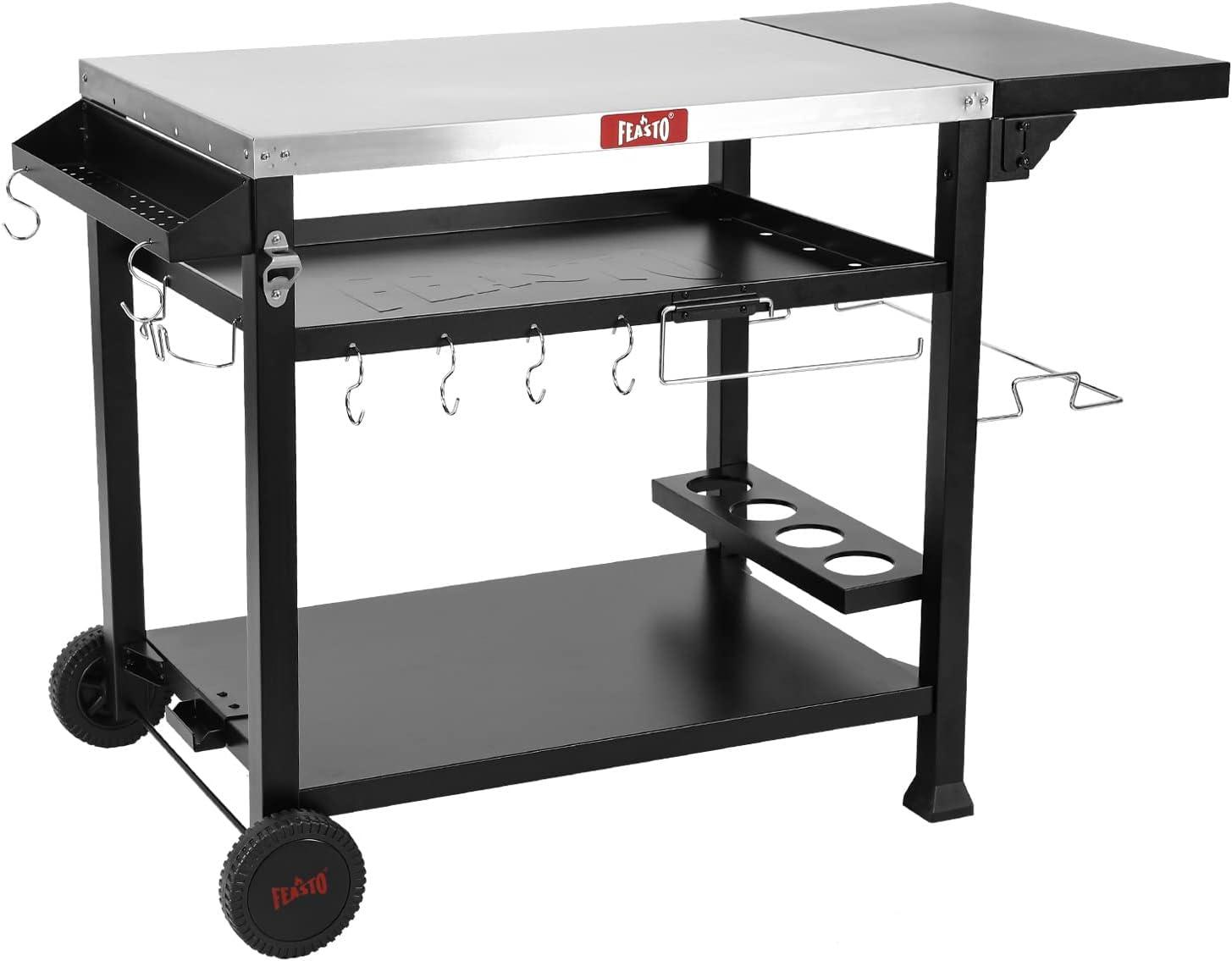 50 in. Three-Shelf Stainless Outdoor Movable Food Prep Grill Cart Table with Fordable Side Table