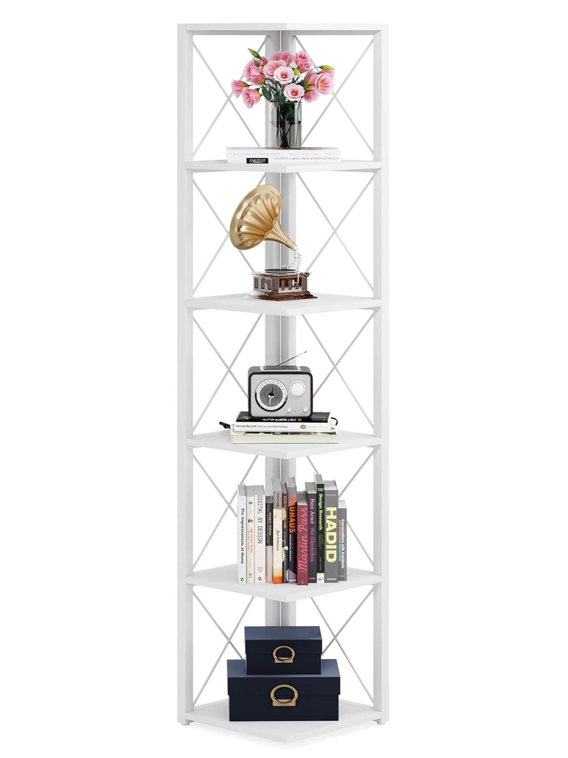 Hommoo 6-Tier Corner Shelf, 70.86" Corner Bookshelf White