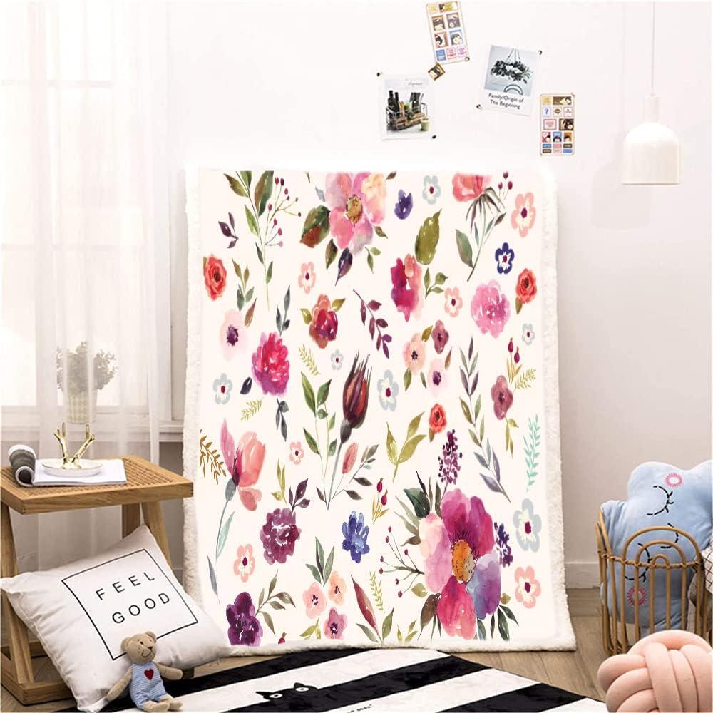 Floral Sherpa Fleece Throw Blanket with Watercolor Design