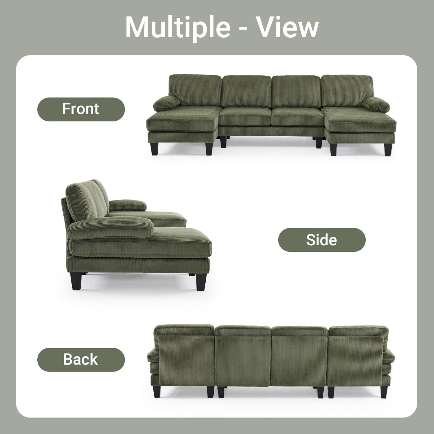 Ktaxon U-Shaped Sectional Sofa, 111"  Corduroy Couch, 4 Seat Lounge Sleeper with Double Chaise for Living Room Green