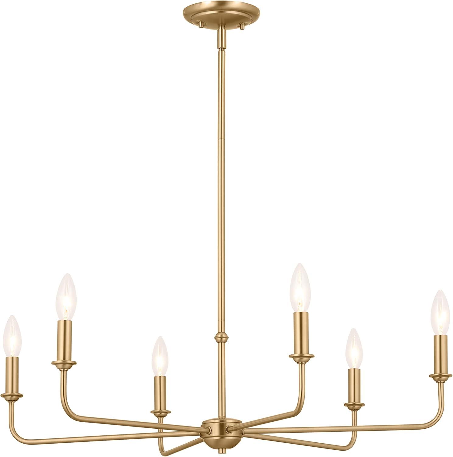 Brushed Natural Brass 6-Light Chandelier with Linen Shades