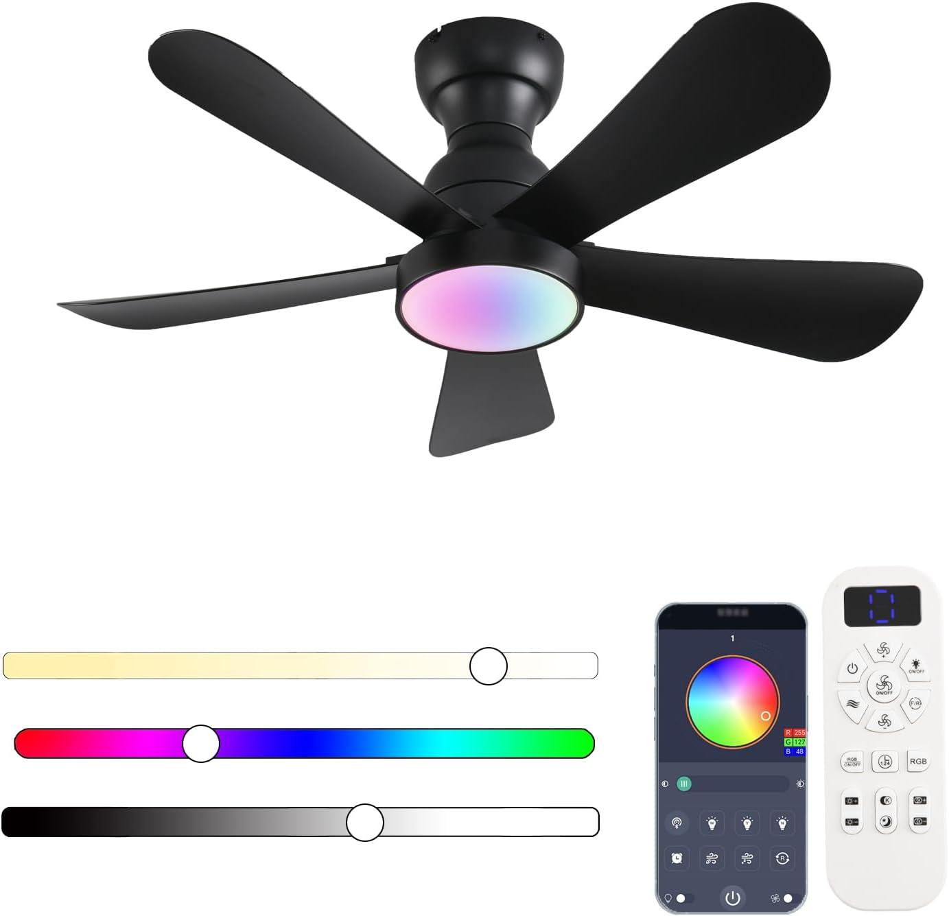 36inch Ceiling Fans with Lights and Remote/App Control, Flush Mount Ceiling Fan with Reversible Dc Motor RGB Dimmable Light, Noiseless Black Modern Small Ceiling Fan for Bedroom Indoor/Outdoor