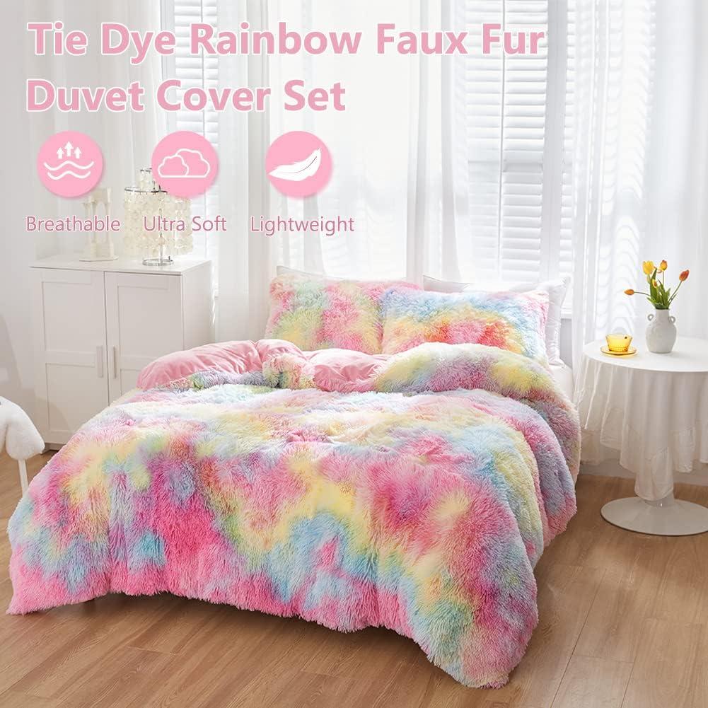 SUCSES Pink Fluffy Full Size Bedding Sets for Girls Faux Fur Plush Shaggy Kids Duvet Cover Set Colorful Rainbow Furry Comforter Cover Set Tie Dye Teen Girl Bed Set (Pink, Full)