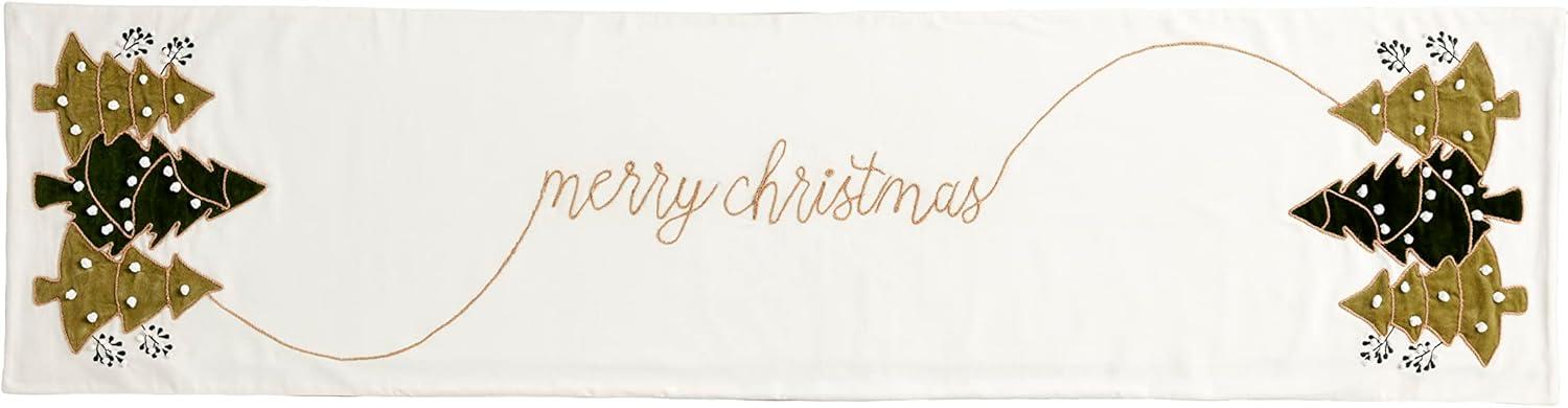 White Cotton Christmas Tree Table Runner with Embroidery, 18" x 72"