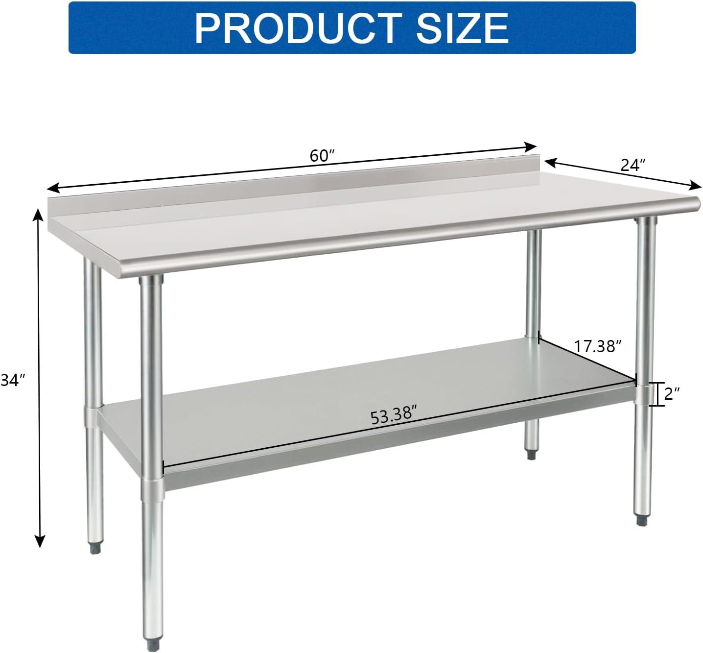 HARDURA Stainless Steel Table Prep & Work Table 24 x 60 Inches NSF Heavy Duty Commercial with Undershelf and Backsplash for Restaurant Kitchen Home and Hotel