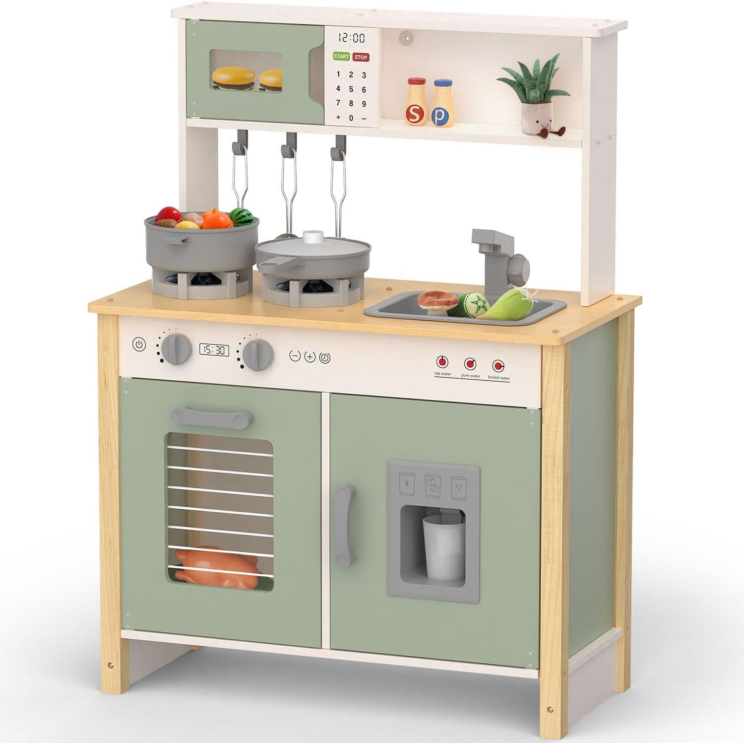 Wooden Kitchen Playset for Kids Ages 3+ with Realistic Lights, Sounds, Stove, Sink, Oven, and Accessories, Toys Kitchen Small Pretend Play Kitchen for Toddlers (Green)