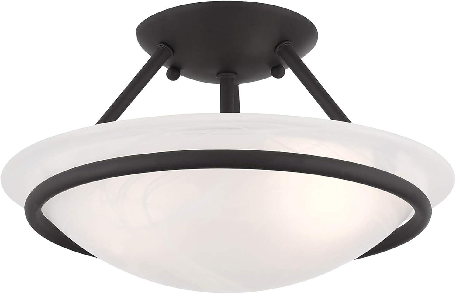 Lustrous Black Nickel 2-Light Semi Flush Mount with White Alabaster Glass Bowl