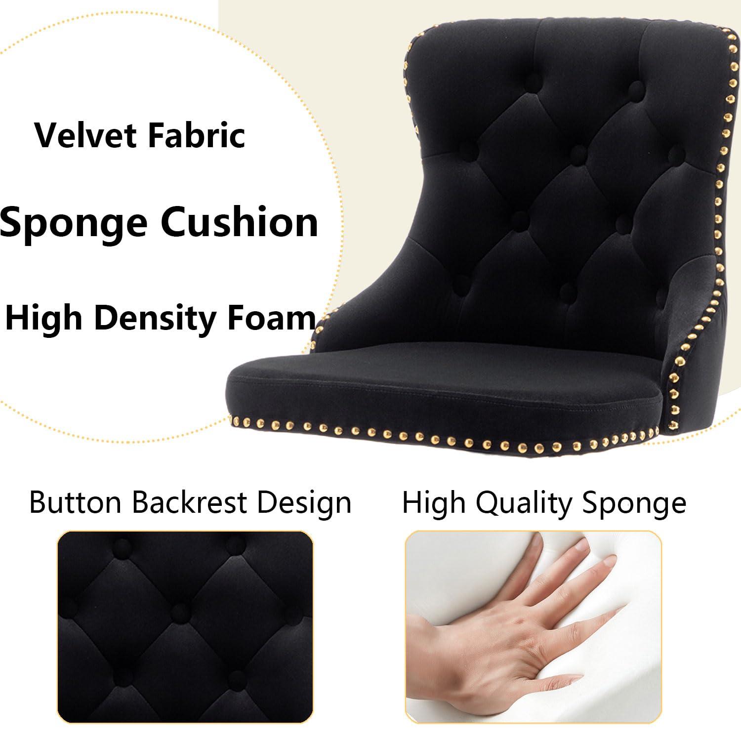 Gold Velvet Bar Stools Set of 2, Swivel Counter Height Bar Stools with Nailheads Trim and Button, Adjustable Barstools for Kitchen Island, Pub, Club (Black)