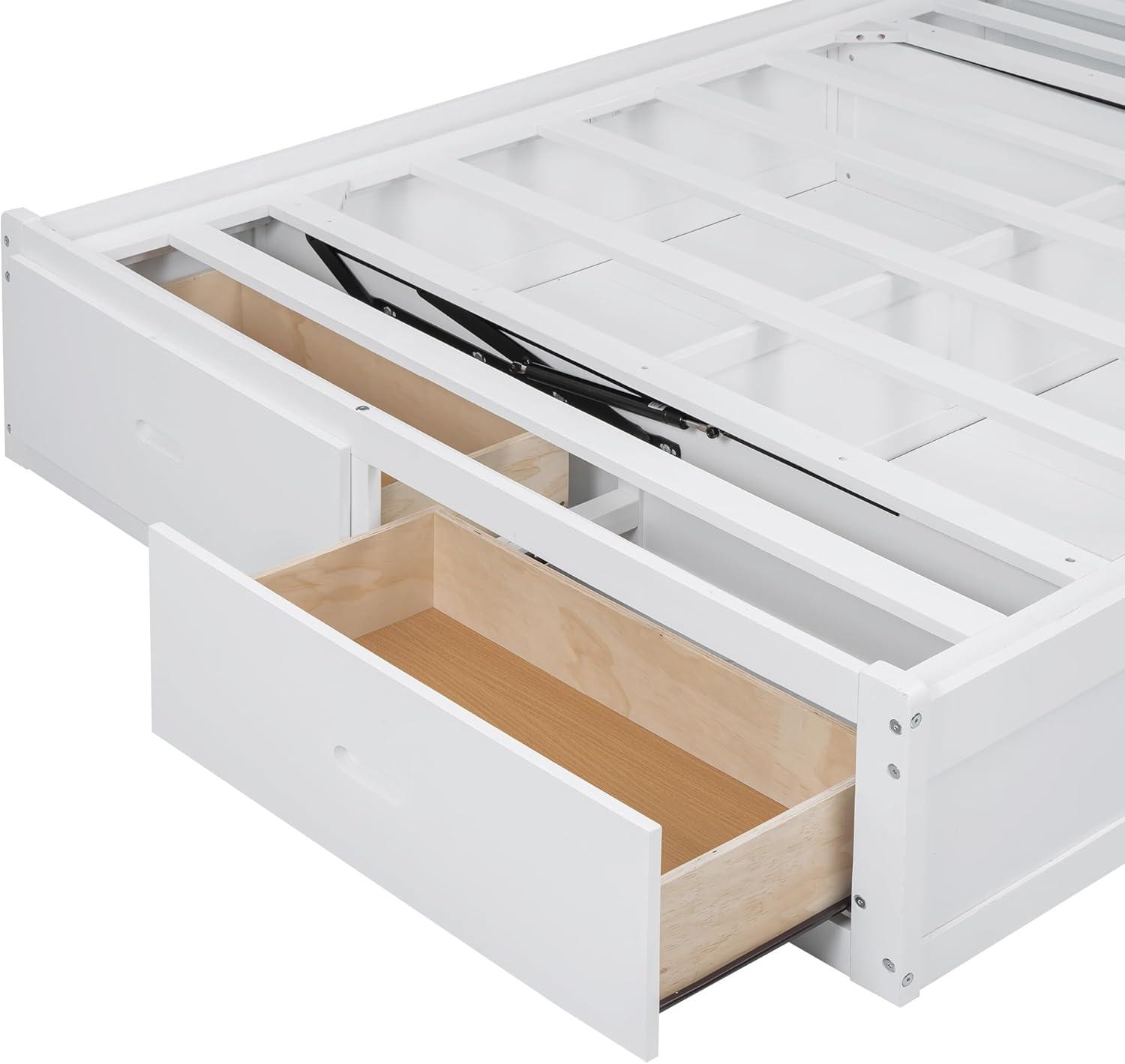 Linique Hydraulic Platform Bed, Wood Full Size Bed Frame with Storage LED Headboard, Built-in Charging Station and 2 Drawers (White)