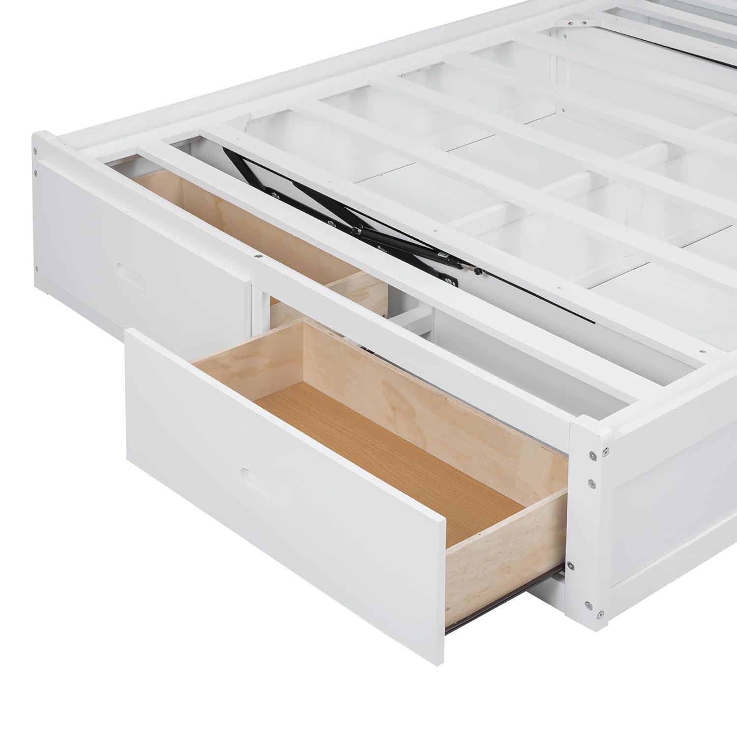 Linique Hydraulic Platform Bed, Wood Full Size Bed Frame with Storage LED Headboard, Built-in Charging Station and 2 Drawers (White)