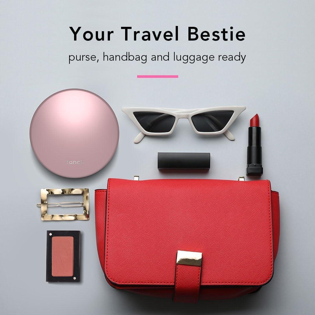 Fancii Taylor LED Lighted Travel Makeup Mirror, Rechargeable with 10x/1x Magnifying & 3 Light Settings - Compact, Portable, Large 5” Wide Hand Mirror for Handbag and Purses (Rose Gold)