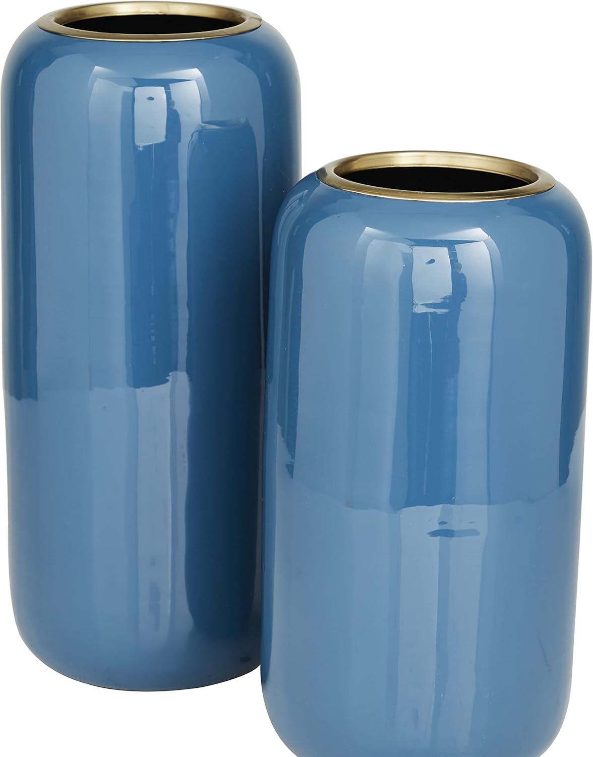 Blue Solid Polished Metal Round Vase Set of 2 - Modern Indoor Decor