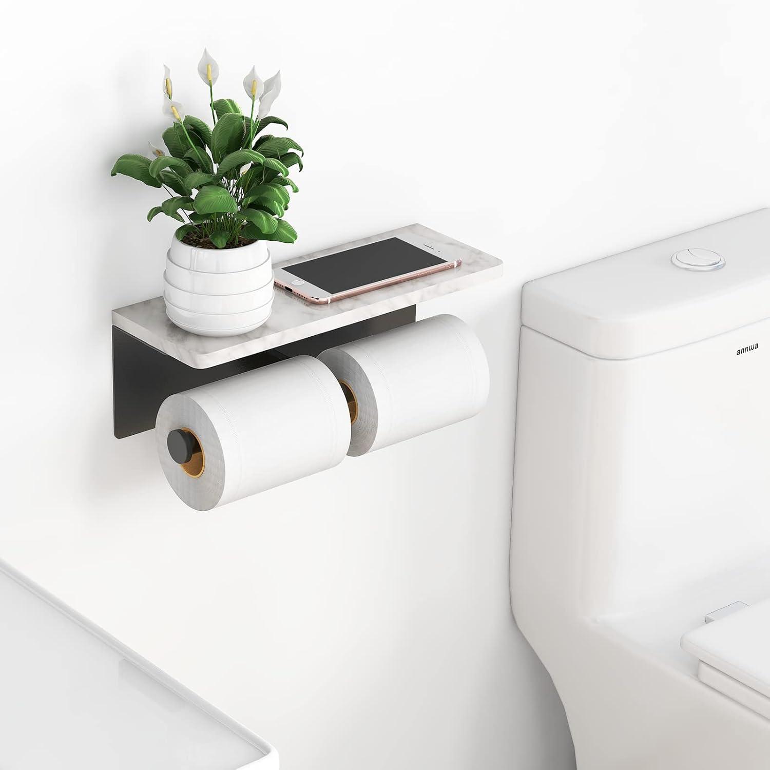 Black Matte Double Toilet Paper Holder with Marble Shelf