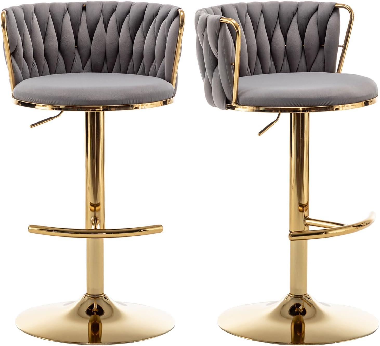 Velvet Bar Stools Set of 2, Counter Height Bar Stools with Low Back, Gold Swivel Barstools for Kitchen Island, Bar Pub (Grey)