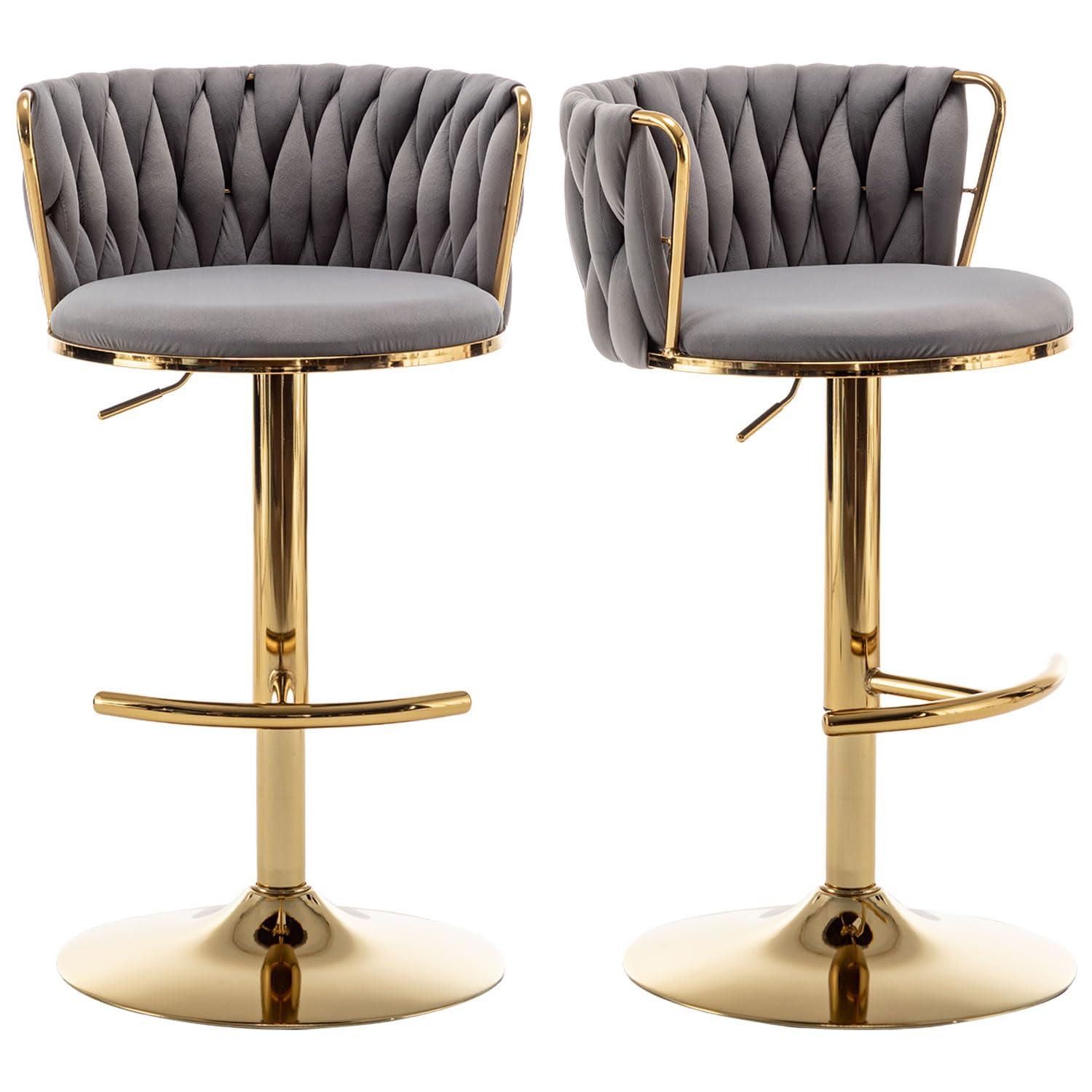 Velvet Bar Stools Set of 2, Counter Height Bar Stools with Low Back, Gold Swivel Barstools for Kitchen Island, Bar Pub (Grey)