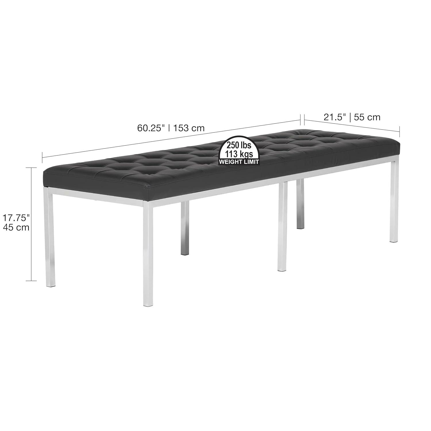 Lintel 60'' Ebony Bonded Leather Tufted Bench with Chrome Finish