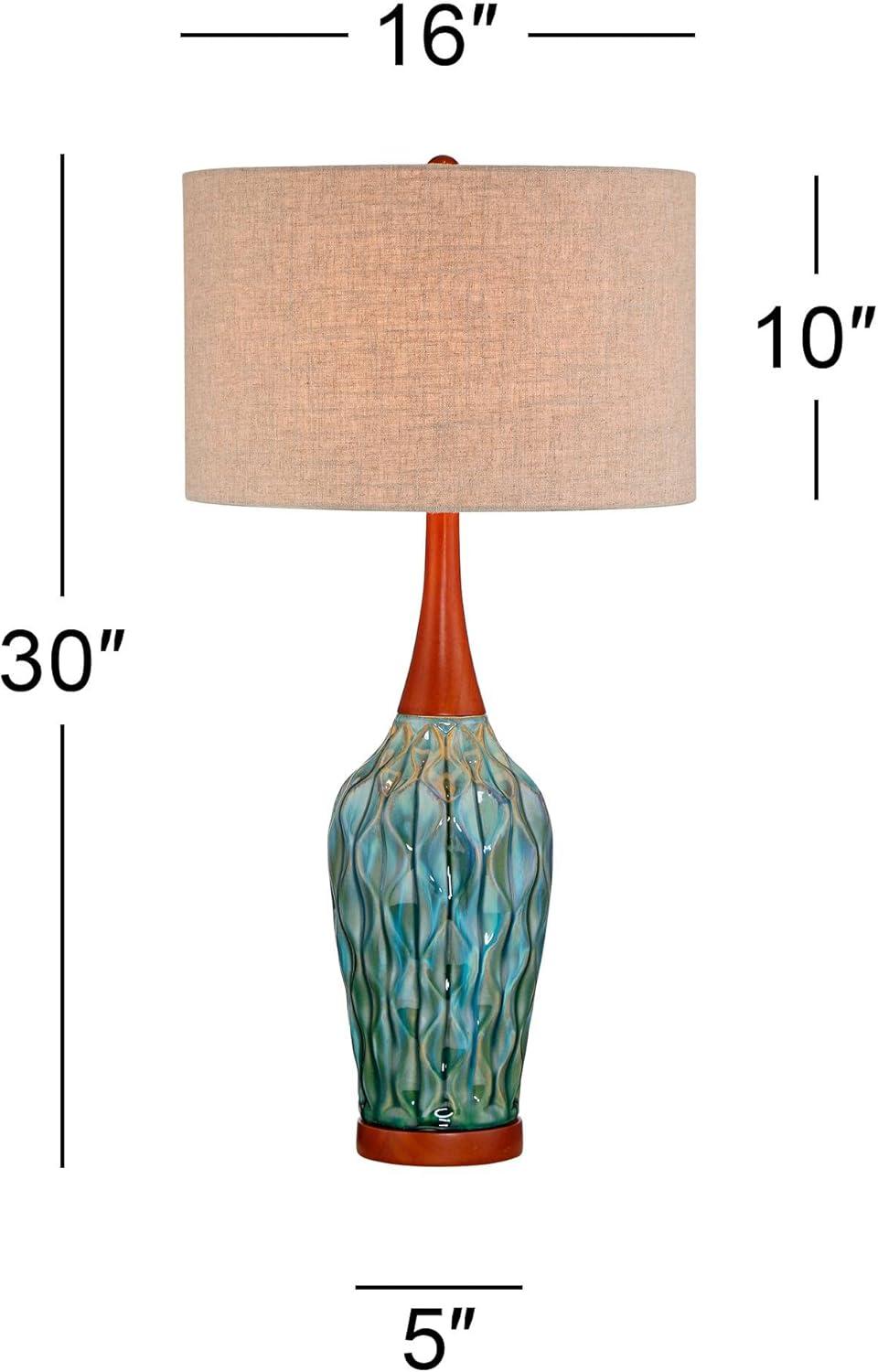 360 Lighting Rocco Modern Mid Century Table Lamps 30" Tall Set of 2 Blue Teal Glaze Ceramic Linen Drum Shade for Bedroom Living Room Nightstand Home