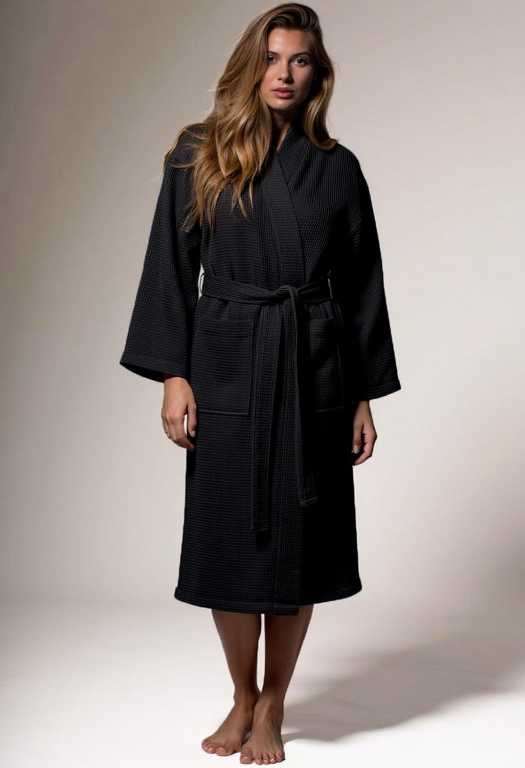 Turquaz Linen Lightweight Long Waffle Kimono Unisex Spa Robe (One Size, Black)