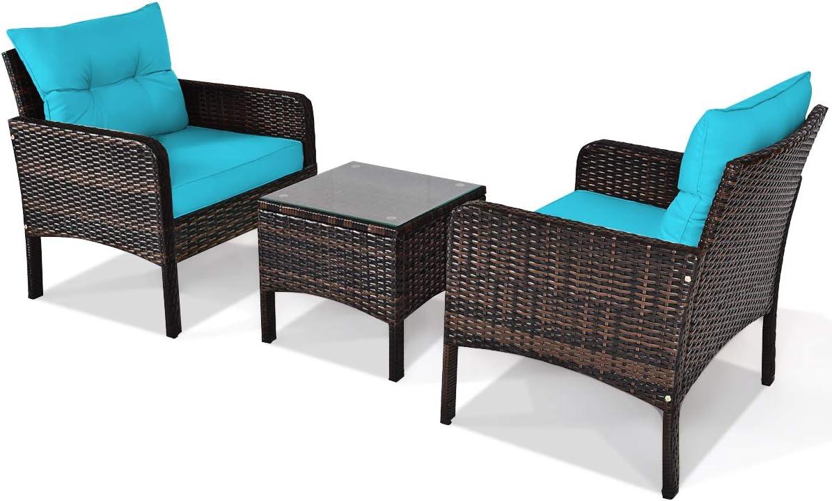 YYAo Garden Conversation Table Set, Conversation Loveseat Chairs Set, 3 Pcs Outdoor Patio Rattan Conversation Set with Seat Cushions-Turquoise